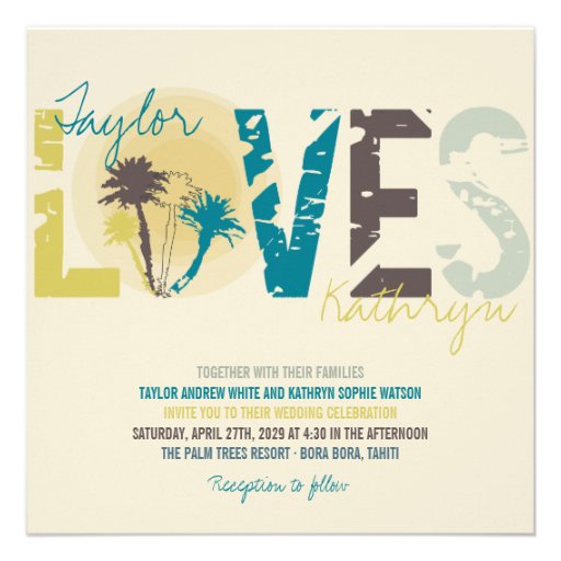 Tropical Blue Sunset Palm Trees Beach Wedding Announcement (front side)