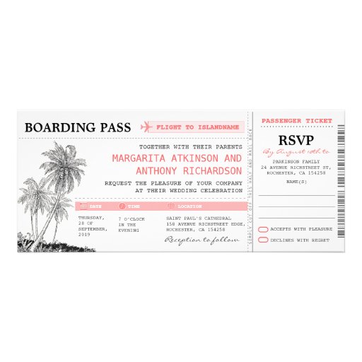 tropical boarding pass wedding tickets with RSVP Invitations