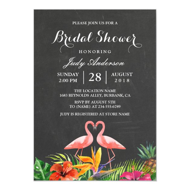Tropical Bridal Shower Floral Chalkboard Flamingo Card (front side)