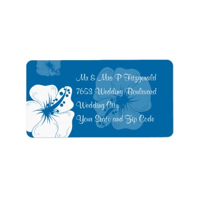 Tropical Cerulean Blue and White Hibiscus Wedding Personalized Address Label