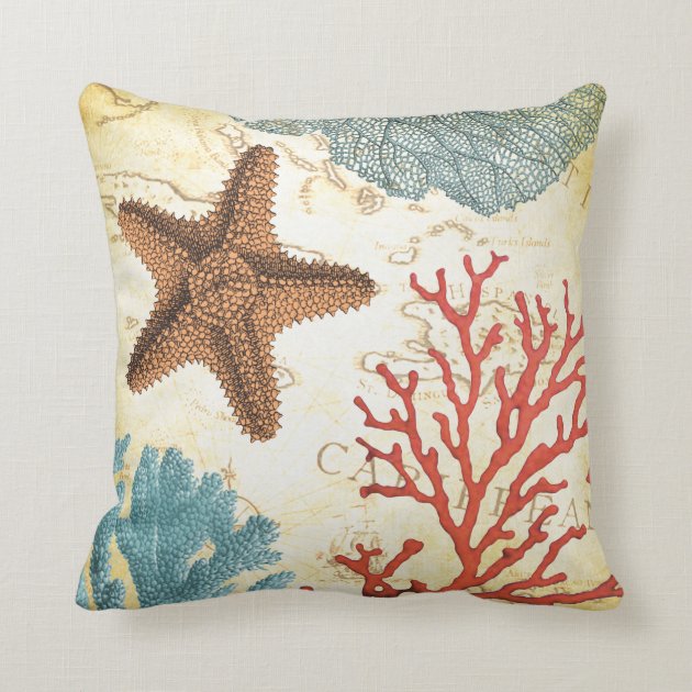 Tropical Colorful Caribbean Starfish and Coral Throw Pillows