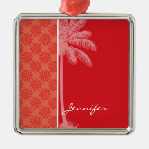 Tropical Coral & Red Swirl Christmas Ornaments
