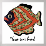 Tropical Fish-07 Tomato Red & Olive Green Pattern posters