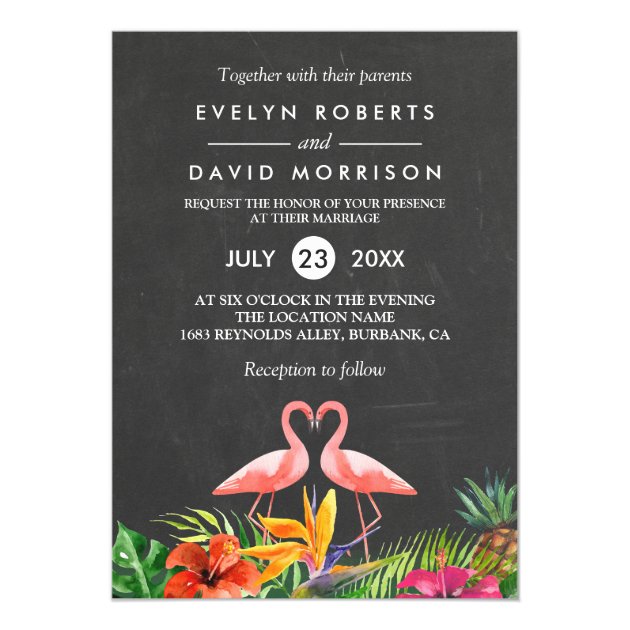 Tropical Floral Chalkboard Flamingo Formal Wedding Card (front side)