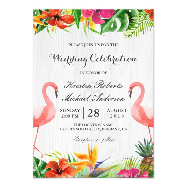 Tropical Floral Flamingo Couple Wedding Invitation (front side)