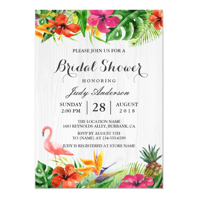 Tropical Floral Rustic Wood Flamingo Bridal Shower Card (front side)