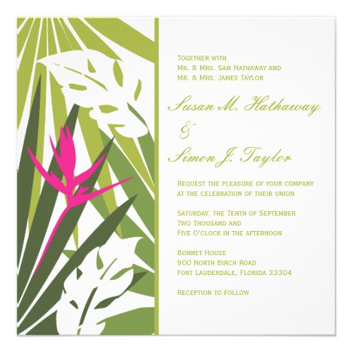 Tropical Floral Wedding Invitation - Green and Pin