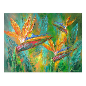 Tropical Flowers Birds Of Paradise Painting Postcard