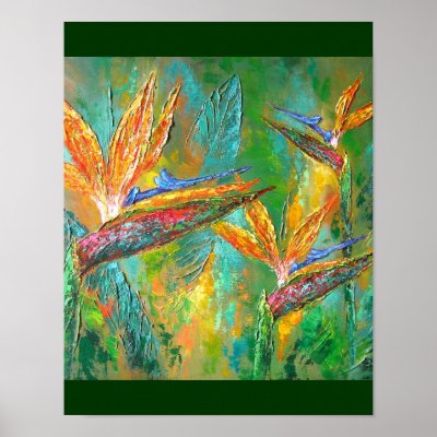 Tropical Bird Painting on Tropical Flowers Birds Of Paradise Painting Poster