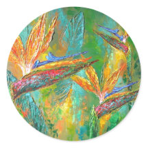 Tropical Bird Painting on Tropical Flowers Birds Of Paradise Painting Round Sticker