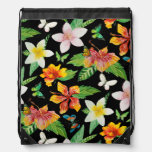 Tropical Flowers & Butterflies pattern Drawstring Bag