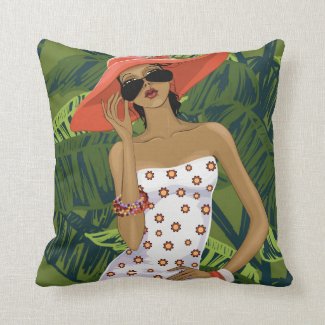 Tropical Girl With Big Red Hat Throw Pillow