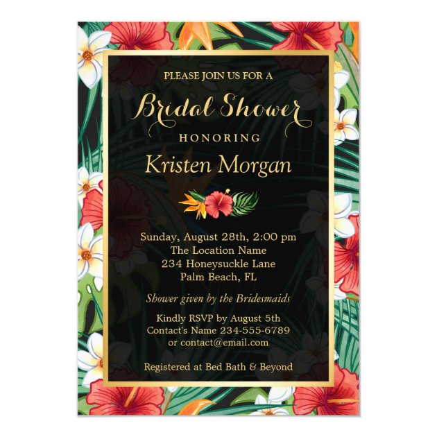 Tropical Hibiscus Floral Gold Frame Bridal Shower Card (front side)