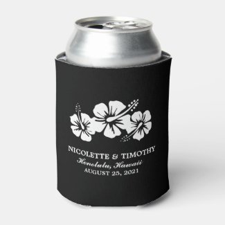 Tropical Hibiscus Flowers | Black & White Wedding Can Cooler