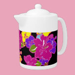 Tropical Hibiscus on Black Background teapots