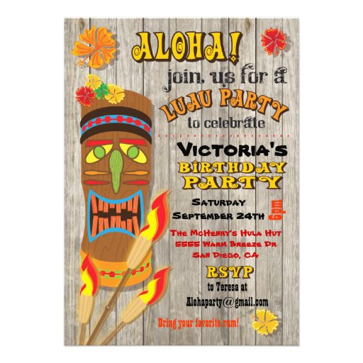 Tropical Luau Tiki Party Invitations (front side)