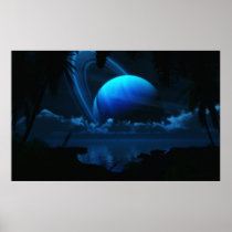 thetis, blue, ringed, tropical moon, tropics, palms, sci-fi, ryan bliss, digital blasphemy, nature, landscapes, Poster with custom graphic design