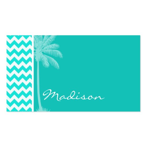Tropical Palm; Aqua Color Chevron Business Card (front side)