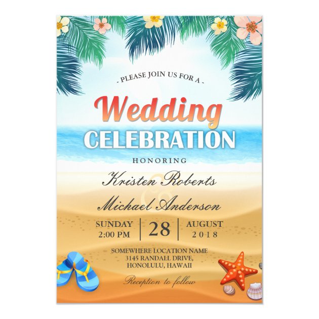 Tropical Palm Beach Summer Wedding Celebration Card (front side)
