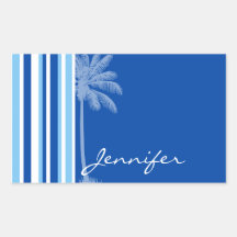 Tropical Palm; Blue & White Stripes Rectangular Stickers