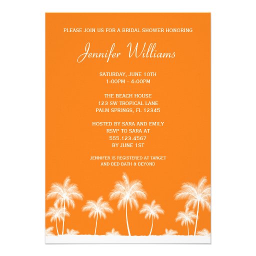 Tropical Palm Tree Orange Bridal Shower Invitation (front side)