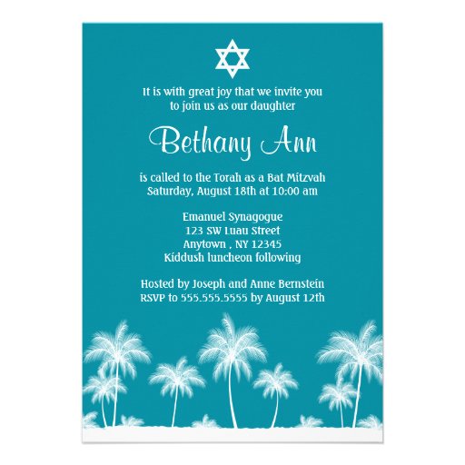 Tropical Palm Trees Teal Bat Mitzvah Invitations (front side)