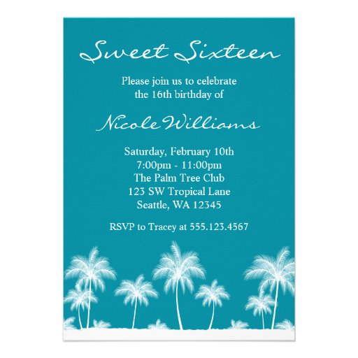 Tropical Palm Trees Teal Blue Sweet 16 Invitation (front side)
