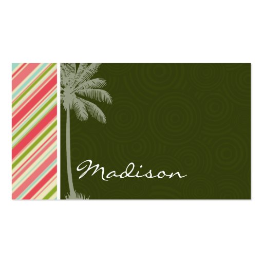 Tropical Palm with Coral & Green Stripes Business Card Templates (front side)