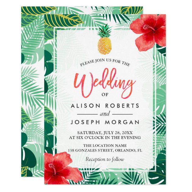 Tropical Pineapple Hawaiian Hibiscus Wedding Card (front side)