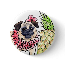 Tropical Pug Button by pasaiidesignstudio Tropical Pug Button