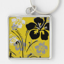 flourish, design, yellow, tropical, magnet, hibiscus, flower, flowers, floral, art, nature, gift, gifts, Chaveiro com design gráfico personalizado