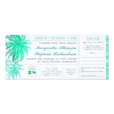 Tropical teal beach wedding tickets -boarding pass card