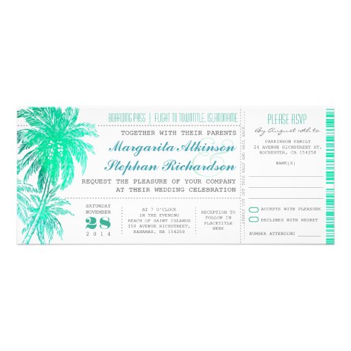 Tropical teal beach wedding tickets -boarding pass invite (front side)