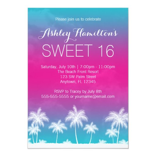 Tropical Teal Pink Sweet 16 Birthday Custom Announcement (front side)