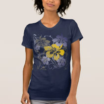 flourish, design, blue, yellow, tropical, t-shirt, shirts, hibiscus, art, flower, flowers, nature, Camiseta com design gráfico personalizado
