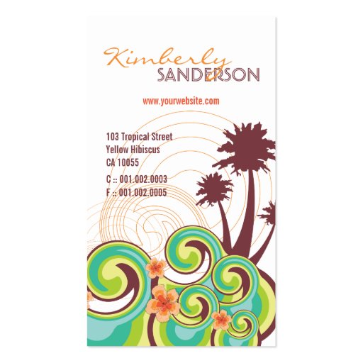 Tropical Waves Hibiscus Summer Beach Palm Trees Business Card Template (front side)