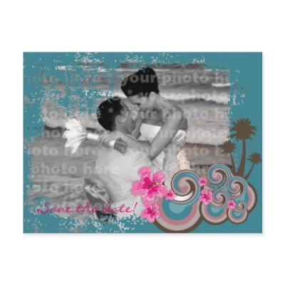 Tropical Waves & Pink Hibiscus Photo Save The Date Postcards by fat_fa_tin