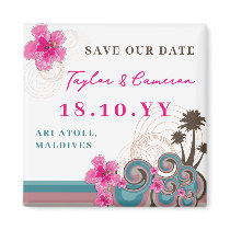 Tropical Waves & Pink Hibiscus Save Date Magnet by fat_fa_tin Tropical Waves & Pink Hibiscus Save Date Magnet