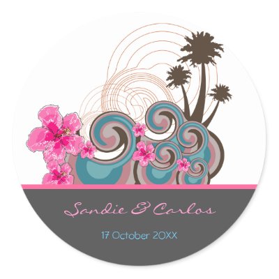 Tropical Waves & Pink Hibiscus Seal / Gift /Favors Sticker