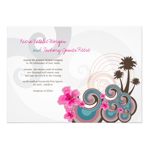 Tropical Waves & Pink Hibiscus Wedding Invitation