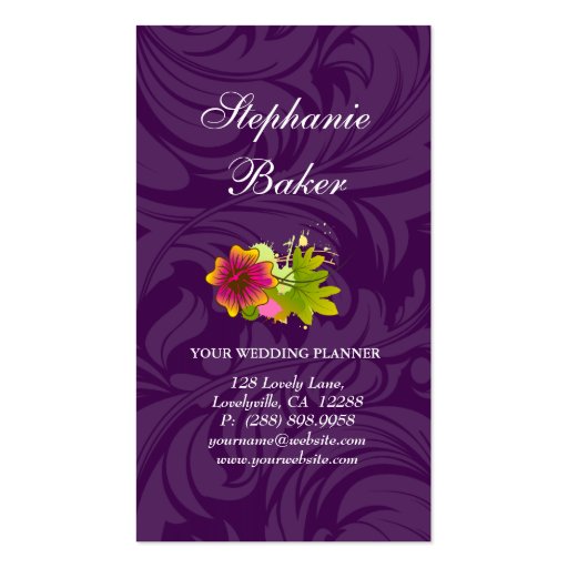 Tropical Wedding Planner Purple Pink Flower Business Card Templates (back side)