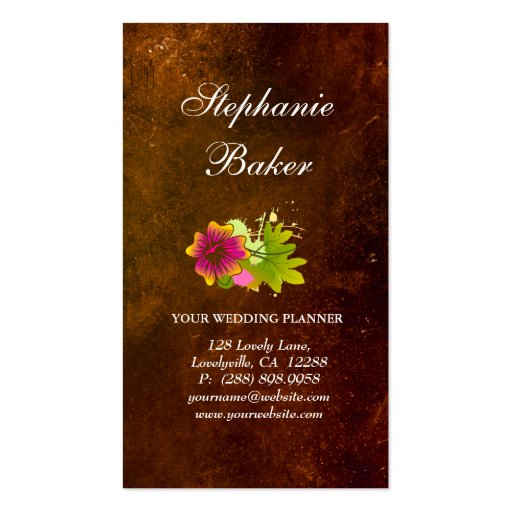 Tropical Wedding Planner Vintage Brown Pink Flower Business Card Templates (back side)