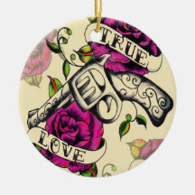 True Love Pistol and Roses artwork, pink & yellow Ornaments