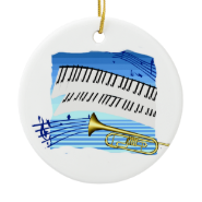 Trumpet and Keyboard, blue theme graphic music Christmas Tree Ornaments