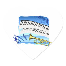 Trumpet and Keyboard, blue theme graphic music Heart Stickers