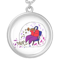 trumpet player wearing red and purple graphic pendants