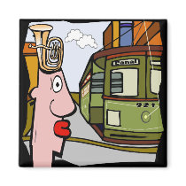 Tuba Head Rides The Canal Streetcar in New Orleans magnets by figstreetstudio Tuba Head Rides The Canal Streetcar in New Orleans magnets