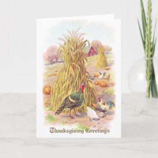 Turkey and Flock of Chickens Vintage Thanksgiving Greeting Card
