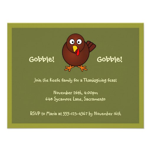 Turkey gobble Thanksgiving green brown invitation (front side)