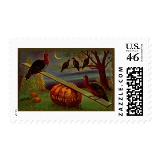 Turkeys Seesaw on Pumpkin Vintage Thanksgiving Postage Stamps